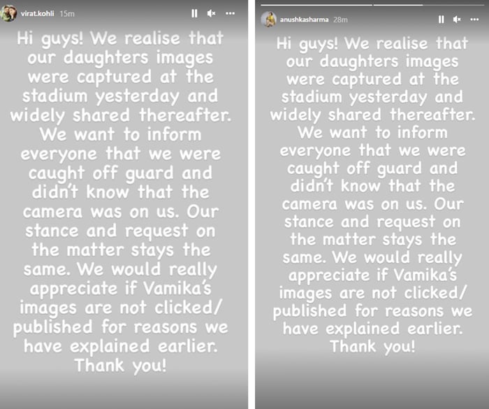 Screenshots of the statement of Indian star batter Virat Kohli and actor Anushka Sharma on Instagram