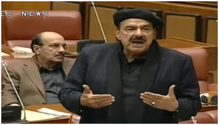 Federal Minister for Interior Sheikh Rasheed Ahmed speaking during a session of the Senate in Islamabad on Monday, January 24. — Screengrab via Geo News Live.