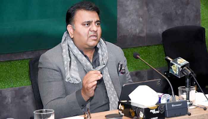 Federal Minister for Information and Broadcasting Fawad Chaudhry addressing a press conference on January 24, 2022. — PID