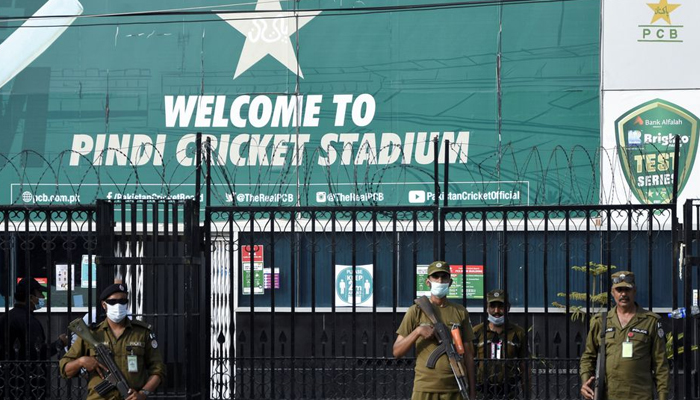 Police officers stand guard outside Rawalpindi Cricket Stadium after New Zealand cricket team pull out of a Pakistan cricket tour over security concerns, in Rawalpindi, Pakistan September 17, 2021. — Reuters/File