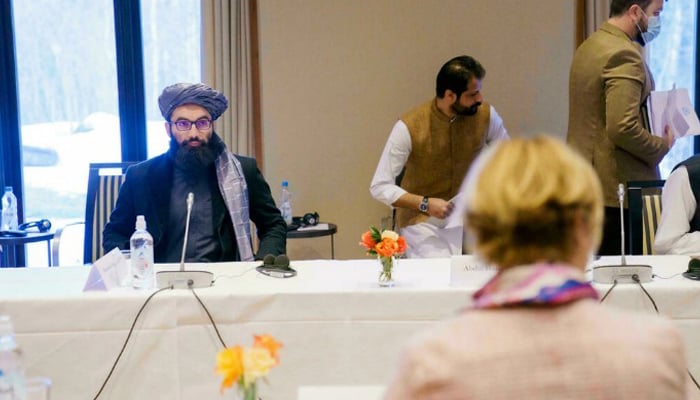 Taliban representative Anas Haqqani (L) meets with Norwegian officials in Oslo. — AFP