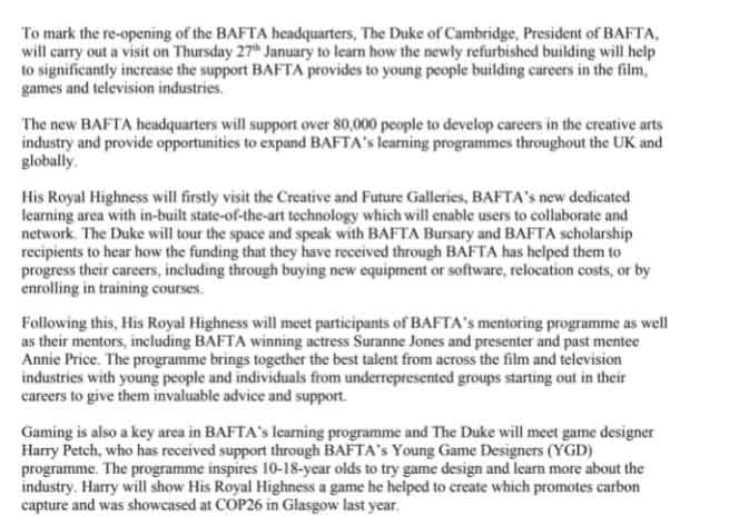 Prince William to visit BAFTA