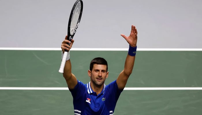 Tennis - Davis Cup Semi-Finals - Serbia v Croatia - La Caja Magica, Madrid, Spain - December 3, 2021 Serbias Novak Djokovic celebrates winning his match against Croatias Marin Cilic. — Reuters