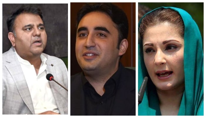 Minister for Information and Broadcasting Fawad Chaudhry (L), PPP Chairman Bilawal Bhutto-Zardari (C) and PML-N Vice-President Maryam Nawaz — AFP