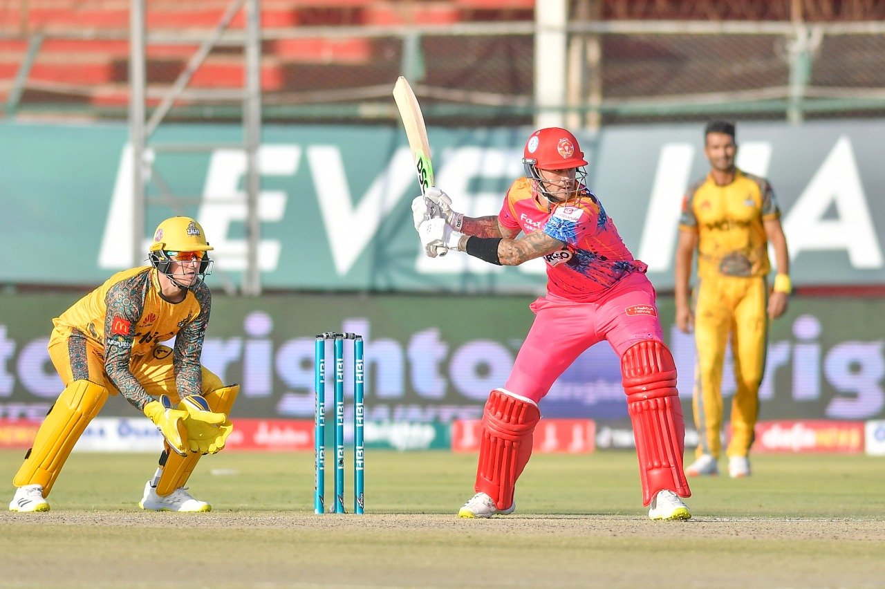 Alex Hales plays a shot during Islamabad Uniteds clash against Peshawar Zalmi at the National Stadium Karachi. — PCB