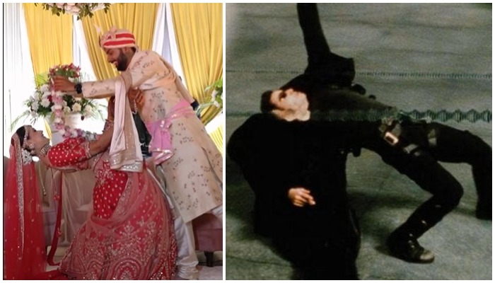 Image on the left shows a bride pulling off a backward bend, while the right one shows Keanu Reeves famous bullet-dodging shot from the 1999-movie The Matrix. — Screengrabs via Instagram/ YouTube