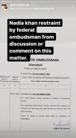 Sharmila Faruqui legally retrains Nadia Khan from commenting about ongoing feud