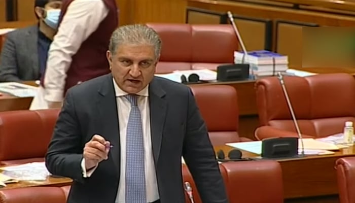 Foreign Minister Shah Mahmood Qureshi addressing on the floor of the Senate in Islamabad, on February 1, 2022. — YouTube