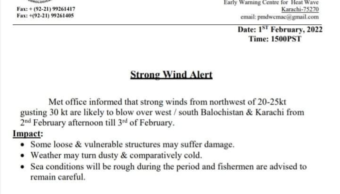 Strong winds likely to enter Karachi from Feb 02