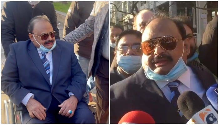 MQM supremo Altaf Hussain speaking to the media outside the Kingston-upon-Thames crown court in London. — Murtaza Ali Shah