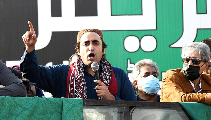 PPP Chairman Bilawal Bhutto Zardari addressing a rally in Hyderabad on January 24, 2022. — INP