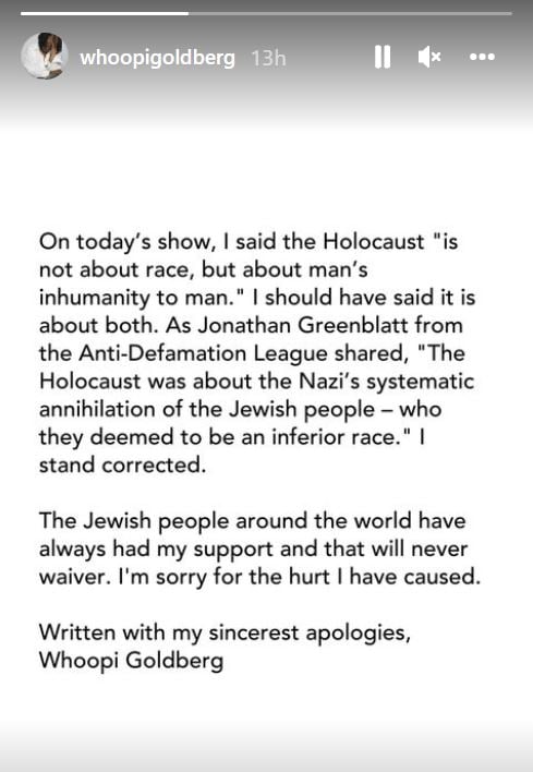 Whoopi Goldberg apologises for saying Holocaust was not about race