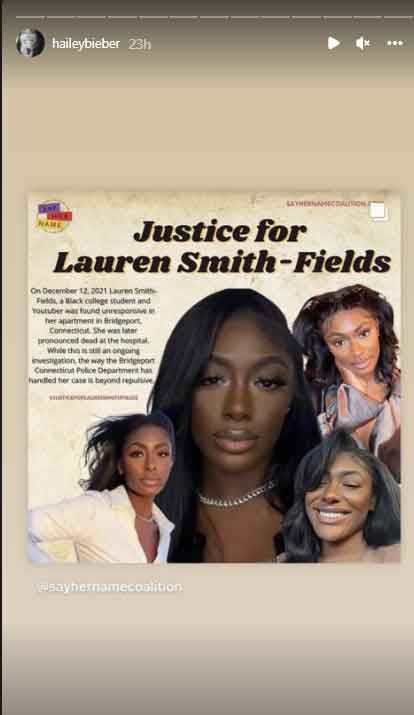 Hailey Bieber seeks justice for Lauren Smith-Fields