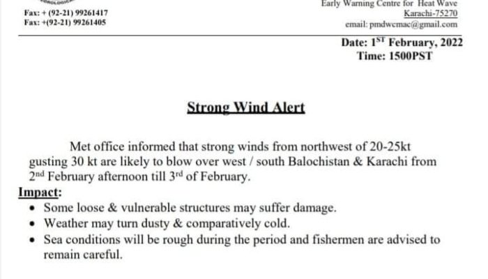 Strong winds to sweep through Karachi from today