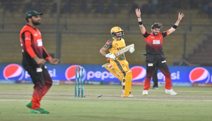 Lahore Qalandars captain Shaheen Shah Afridi celebrates after dismissing a Peshawar Zami batsman. — PCB