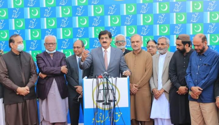 Chief Minister Murad Ali Shah addressing a press conference with Jamaat-e-Islami Amir Hafiz Naeemur Rehman on February 02 in Karachi. — Facebook