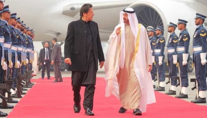 Abu Dhabi’s Crown Prince Sheikh Mohammed bin Zayed Al Nahyan left with Prime Minister Imran Khan during his day-long visit to Pakistan in 2020. — Twitter.