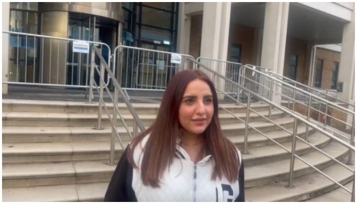 TikTok star Hareem Shah speaking to Geo News while standing outside the Kingston-upon-Thames crown court in London where MQM supremo Altaf Hussain went for the hearing of his hate-speech trial — Murtaza Ali Shah