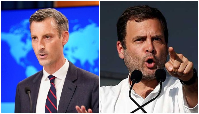 US State Department spokesperson Ned Price (right) and Rahul Gandhi (left). Photo: Reuters/ file