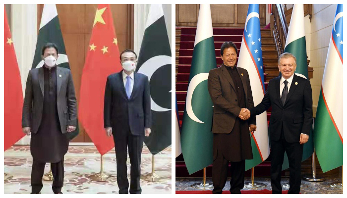 Prime Minister Imran Khan meets Chinese Premier Li Keqiang (left) and PM Imran Khan meets Uzbekistan Shavkat Mirziyoyev (right) in Beijing, on February 5, 2022. — PID