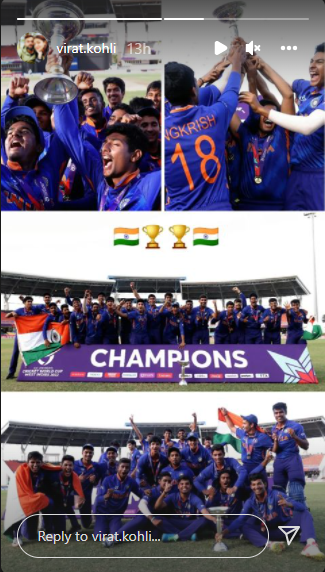 Virat Kohli shares congratulatory post after Indias U19 World Cup win