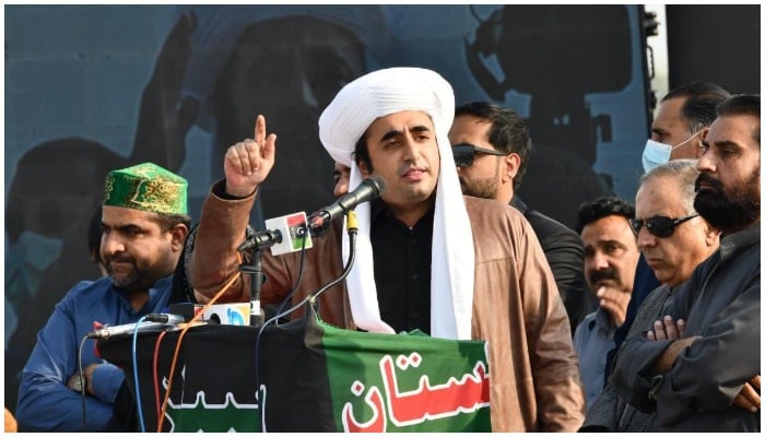 Bilawal Bhutto-Zardari addressing a jalsa in Nasirabad on February 6, 2022.  — Twittter/ PPP Media Cell/