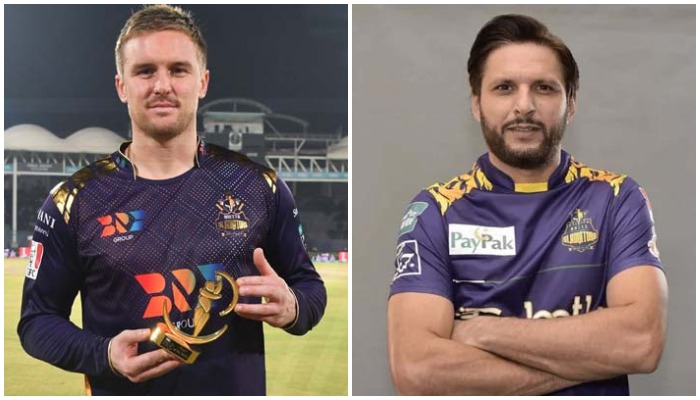 Quetta Gladiators batter Jason Roy (L) and all-rounder Shahid Afridi. — PCB/File