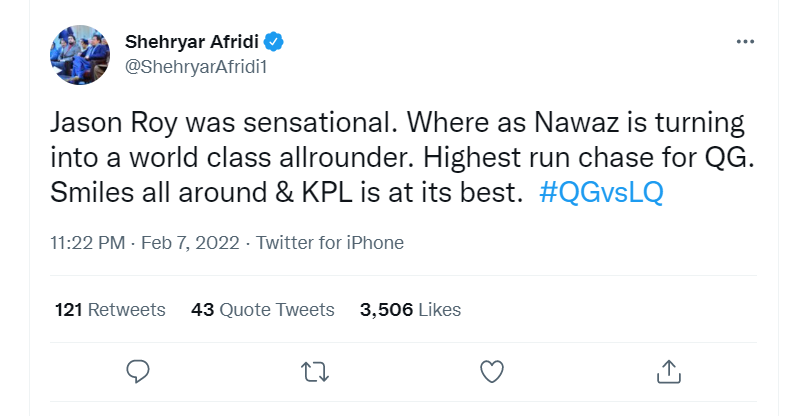 Screengrab of the tweet from Shehryar Afridis Twitter account