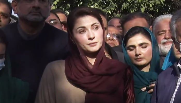 PML-N Vice-President Maryam Nawaz speaking to journalists outside the Islamabad High Court (IHC), on February 10, 2022. — YouTube