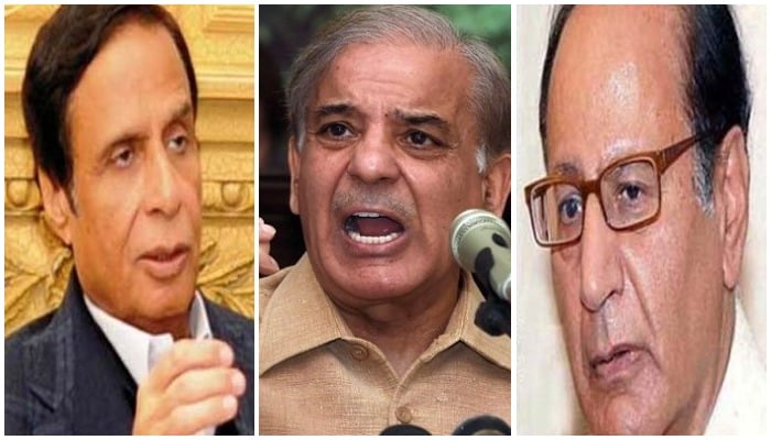 A collage showing pictures of PML-Q leaders Chaudhry Pervaiz Elahi(left) and Chaudhry Shujaat Hussain(right) and PML-N leader Shahbaz Sharif(centre). Photo: Geo.tv/ file