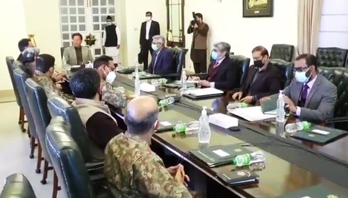 Prime Minister Imran Khan receiving a briefing on coronavirus at PM Office — Screengrab/Twitter/PakPMO