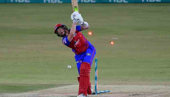 Karachi Kings´ Ian Cockbain is bowled by Islamabad United´s Hasan Ali (unseen) during the Pakistan Super League (PSL) Twenty20 cricket match between Karachi Kings and Islamabad United at the National Cricket Stadium in Karachi on February 6, 2022.-AFP