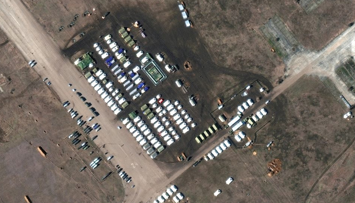 A satellite image shows a close-up of troops and equipment at Oktyabrskoye air base, Crimea February 10, 2022. — Reuters