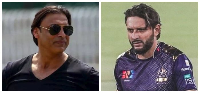 Shoaib Akhtar (left) and Shahid Afridi. -- Twitter/File