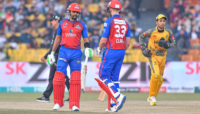 Karachi Kings skipper Babar Azam (left) in action during Karachis match against Peshawar Zalmi at the Gaddafi Stadium, Lahore , on February 13, 2022. — PCB