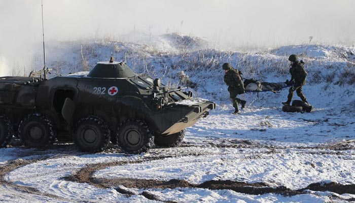 Service members take part in military exercises held by the armed forces of Russia and Belarus at the Gozhsky training ground in the Grodno region, Belarus, February 12, 2022. &mdash; Reuters