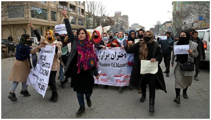 Afghan women participate in a womens rights protest march in Kabul, Afghanistan on January 16, 2022. Photo: AFP