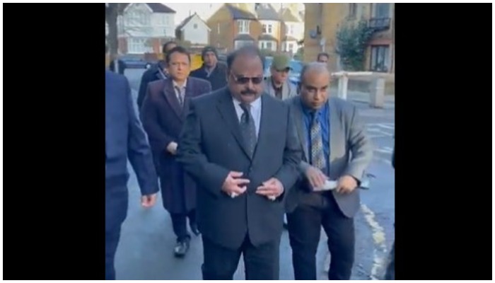 MQM supremo Altaf Hussain with his colleagues outside the court in London on February 14, 2022. — Murtaza Ali Shah