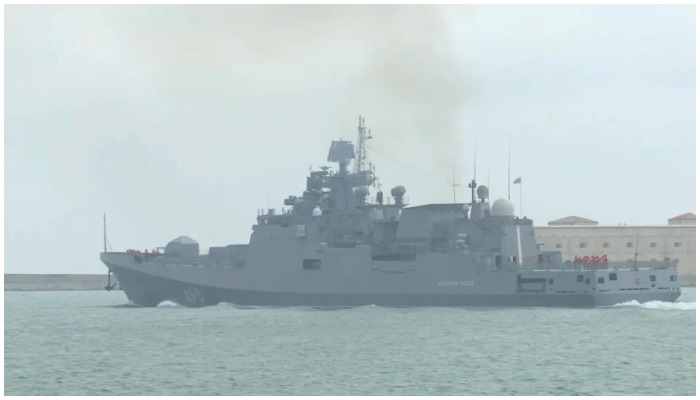 A warship of the Russian Black Sea fleet leaves a port during naval drills. Photo: Reuters