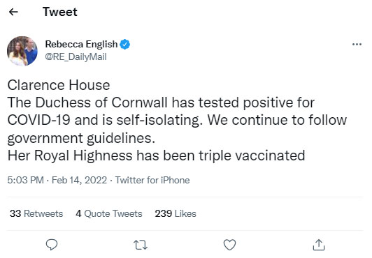 Camilla Duchess of Cornwall tests positive for covid-19