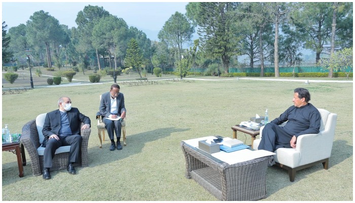 Irans Interior Minister Dr Ahmad Vahidi (L) calls on Prime Minister Imran Khan (R) during his day-long visit to Pakistan on Monday, February 14, 2022. — PID