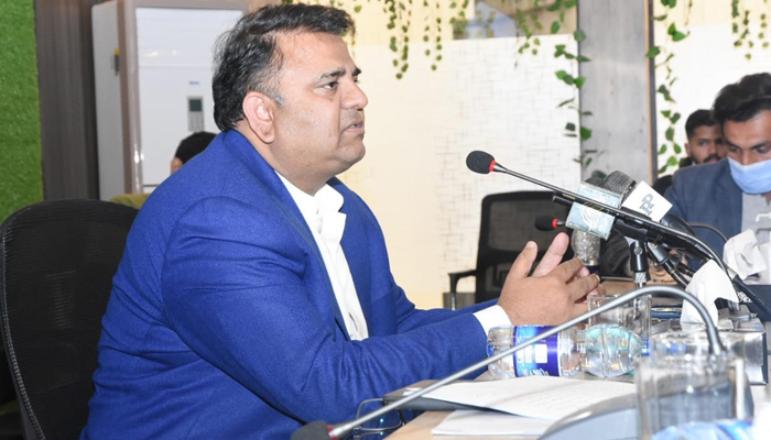 Federal Minister for Information and Broadcasting Fawad Chaudhry addressing a press conference after the federal cabinet meeting on February 15, 2022. —PID
