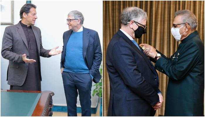 Prime Minister Imran Khan speaks to Microsoft co-founder and philanthropist Bill Gates at the PM Office in Islamabad, on February 17, 2022 (left) and President Arif Alvi confers Hilal-e-Pakistan on the philanthropist at Aiwan-e-Sardaron on February 17, 2022. — PID