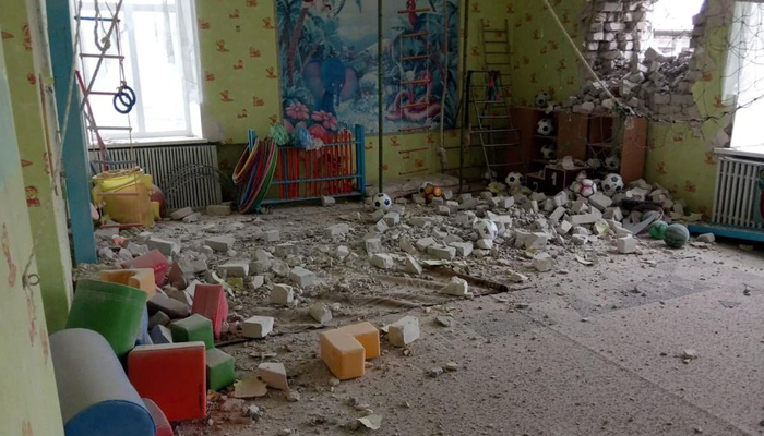 An interior view shows a kindergarten, which according to Ukraines military officials was damaged by shelling, in Stanytsia Luhanska in the Luhansk region, Ukraine, in this handout picture released February 17, 2022. — Reuters