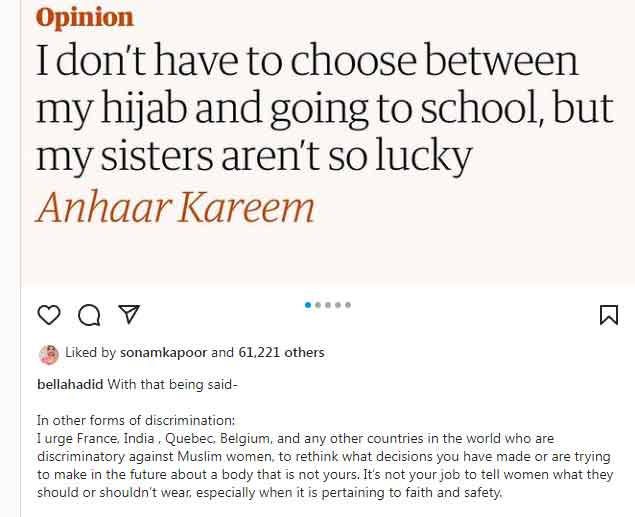 Bella Hadid calls out India for banning hijab