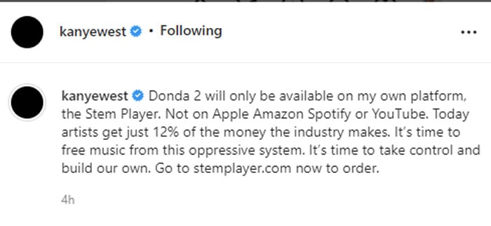 Kanye West says Donda 2 won’t be available on Spotify or Apple music