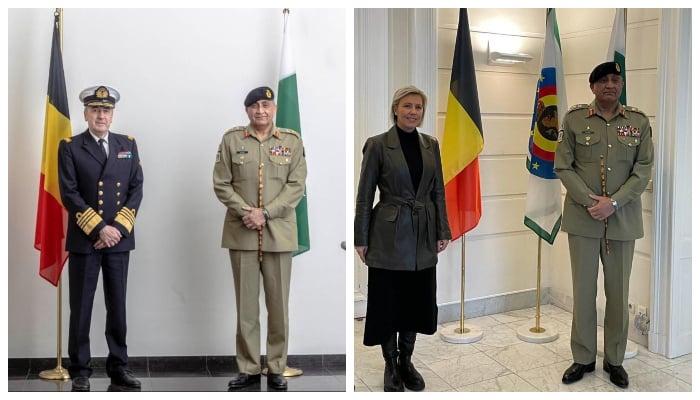 (L-R) Chief of Army Staff General Qamar Javed Bajwa with Belgiums Chief of Defence Admiral Michel Hofman and Defence Minister Ludivine Dedonder. — ISPR