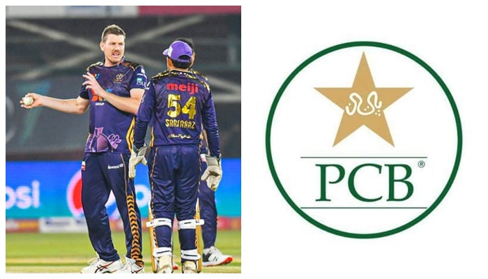 James Faulkner, the Aussie all-rounder who represented Quetta Gladiators in Pakistan Super League (PSL) 2022 (left) and the logo of the Pakistan Cricket Board. — PCB/Twitter/File