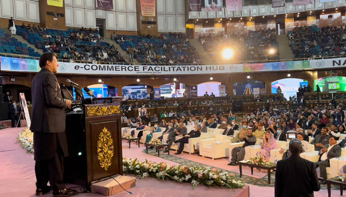 Prime Minister Imran Khan addressing the National E-Commerce Convention in Islamabad, on February 21, 2021. — PID