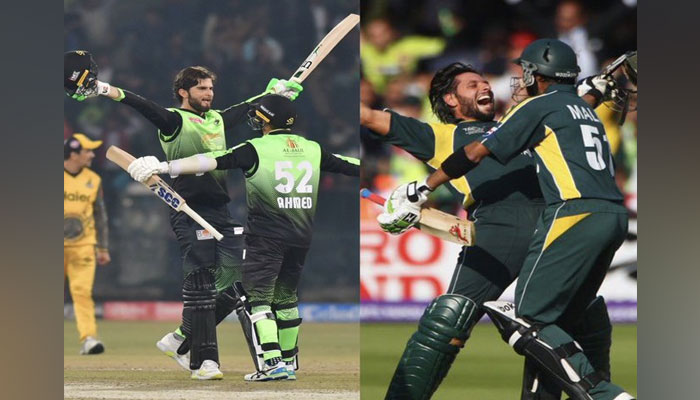 (L-R) Shaheen Shah Afridi celebrating after his last over power-hitting against Peshawar Zalmi during PSL 7 and Shahid Afridi celebrating in a similar manner during his game days. — Twitter/@SAfridiOfficial